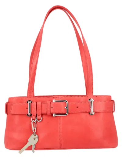 Osoi Rectangular Red Leather Shoulder Bag With Silver Buckle And Key Charm