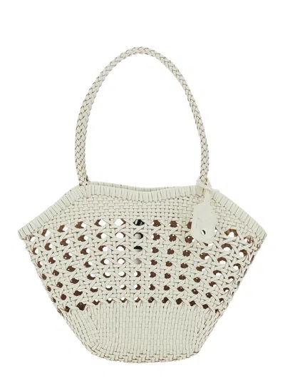 Osoi Recycled Leather Shoulder Bag With Woven Front, Bead Details, Rounded Handles, 17x24x10.5 Cm In White