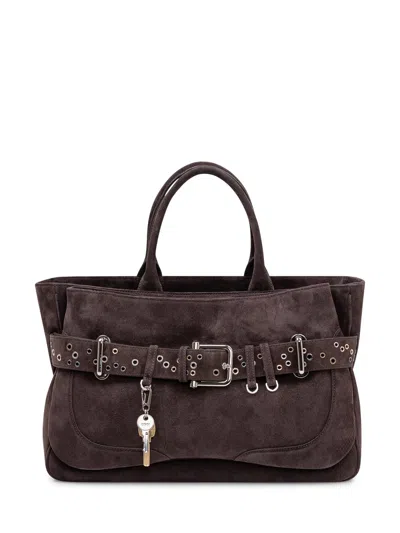 Osoi Tote Handbag With Belt And Eyelet Detail In Suede Mocha Eyelets