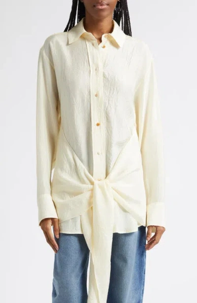 Ossou Arroyo Tie Front Crinkle Satin Button-up Shirt In Neutral