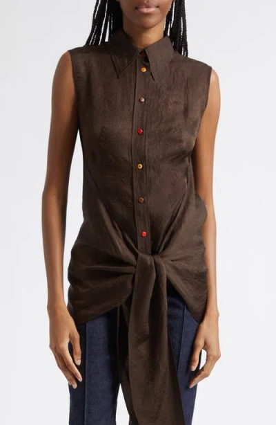 Ossou Ranger Sleeveless Tie Front Crinkle Satin Button-up Shirt In Brown