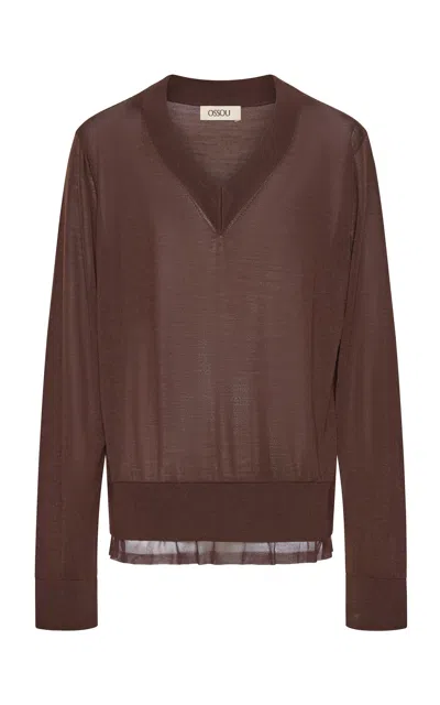 Ossou Solana Sheer Wool-silk Pullover In Brown
