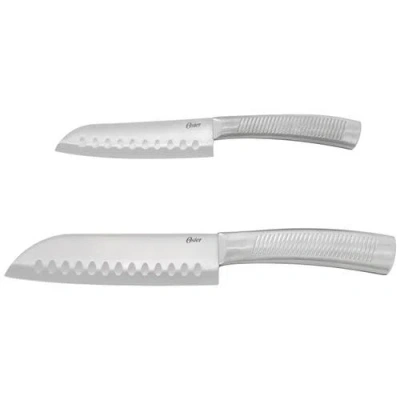 Oster 2pc Stainless Steel Santoku Knife Set Ridged Handles In Silver