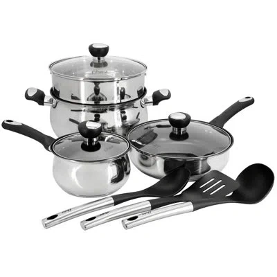 Oster Baldwyn 10 Piece Stainless Steel Belly-shaped Nonstick Cookware And Utensil Set In Silver;black