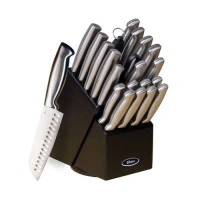 Oster Baldwyn 22 Piece Stainless Steel Cutlery Set With Stainless Steel Handles And Wooden Block In Silver