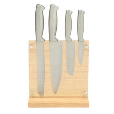 Oster Baldwyn 5-piece Stainless Steel Knife Block Set With Wood Magnetic Stand – Countertop Display & Kniv In Silver