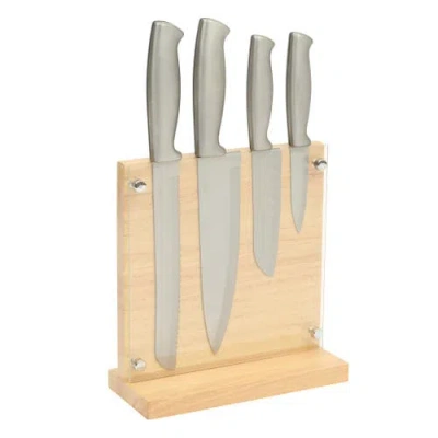Oster Baldwyn 5-piece Stainless Steel Knife Block Set With Wood Magnetic Stand In Silver