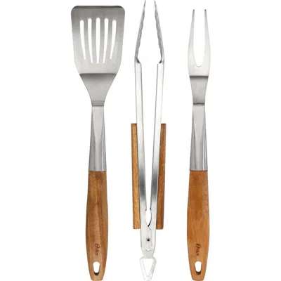 Oster Balincourt 3 Piece Stainless Steel And Wood Bbq Tool Set In Brown