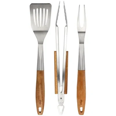 Oster Balincourt 3 Piece Stainless Steel And Wood Bbq Tool Set In Brown In Silver