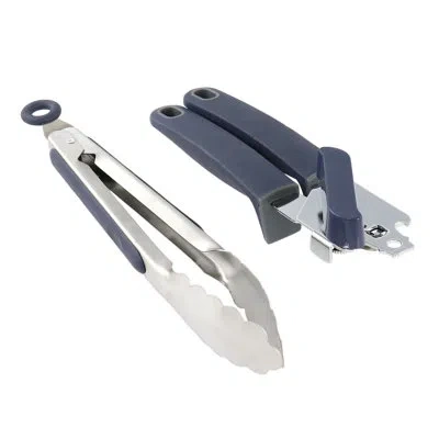 Oster Bluemarine 2 Piece Stainless Steel Can Opener And Tongs Set In Navy Blue In Silver;navy Blue