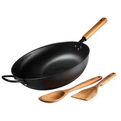Oster Dunwood 3 Piece Carbon Steel Wok, 13.8” Pfas-free Stir Fry Pan With Wooden Spatulas, High Heat, Oven In Black;brown
