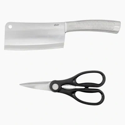 Oster Eddington 2 Piece Stainless Steel Cleaver And Scissors Set With Ridged Handles In Silver