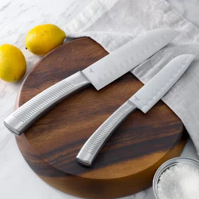 Oster Eddington 2 Piece Stainless Steel Santoku Knife Set With Ridged Handles In Silver