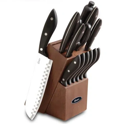 OSTER OSTER HUXFORD 14 PIECE STAINLESS STEEL CUTLERY SET WITH BLACK HANDLES AND WOODEN BLOCK