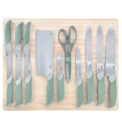 Oster Linbergh 14 Piece Stainless Steel Cutlery And Cutting Board Set In Green With Softgrip Handles