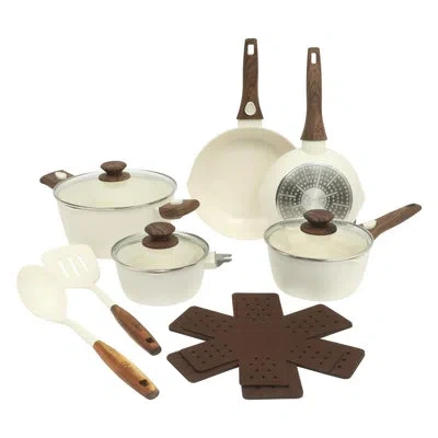 Oster Smarthandle Advance 18 Piece Ceramic Nonstick Cookware Set In Matte Linen In Cream