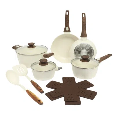 Oster Smarthandle Advance 18-piece Ceramic Nonstick Cookware Set – Matte Linen Finish, Induction Base, Det