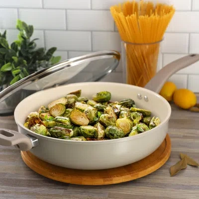 Oster Sutterville Choice 5 Quart Ceramic Nonstick Saute Pan With Lid In Beige In Neutral