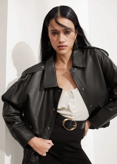 Other Stories Boxy Buttoned Leather Jacket In Black