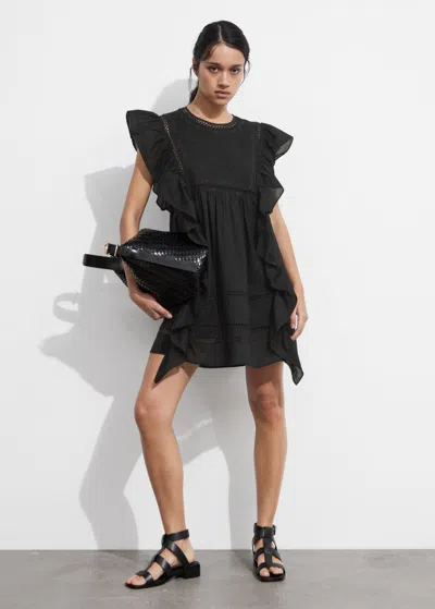 Other Stories Embroidered Ruffle Mini Dress In Black
