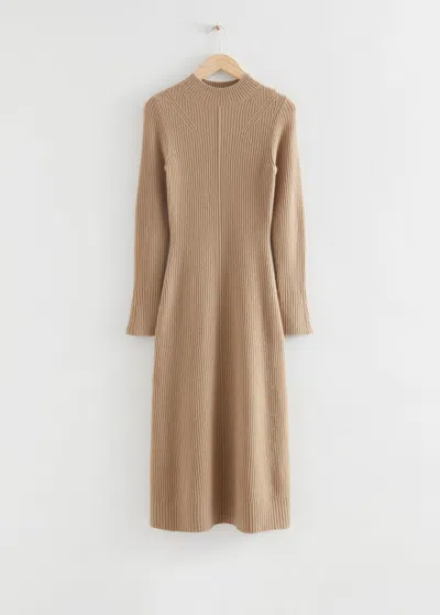 Other Stories Fitted A-line Wool Knit Dress In Beige
