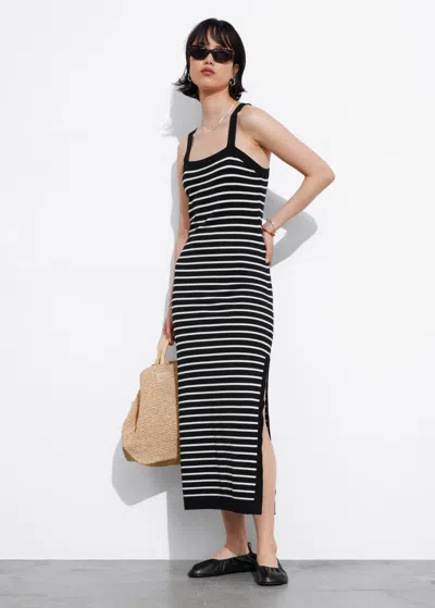 Other Stories Fitted Striped Midi Dress In Black