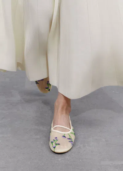 Other Stories Floral-embroidered Ballet Flats In White