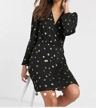 Other Stories Long Puff Sleeve Wrap Dress In Black With Gold In Multi