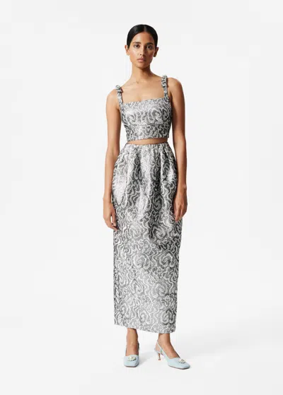 Other Stories Metallic Jacquard Midi Skirt In Silver