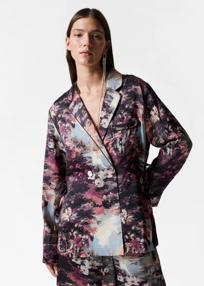 Other Stories Printed Satin Shirt Blazer In Purple