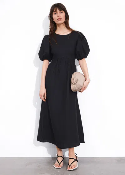 Other Stories Puff-sleeve Midi Dress In Black