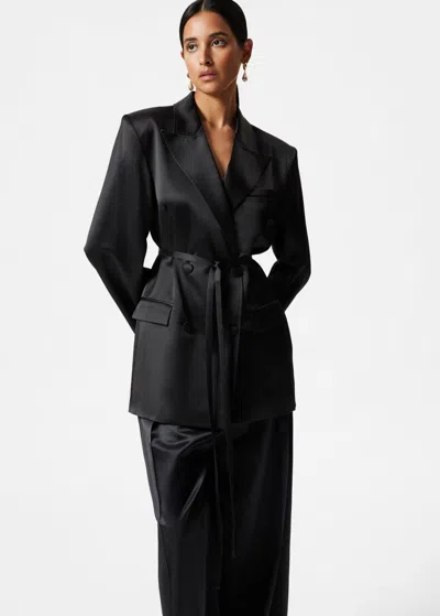 Other Stories Shiny Belted Wool-blend Blazer In Black