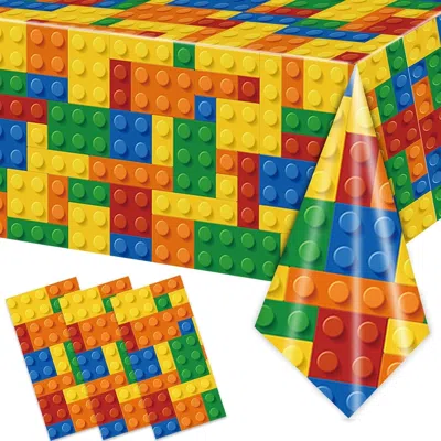 Otillo 3pcs Building Block Party Tablecloths For Boys Kids Colorful Building Table Cover
