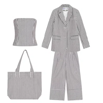Oto Iro White / Black Black White Striped Blazer Trousers Corset And Tote Bag Four Piece Set In Black/white