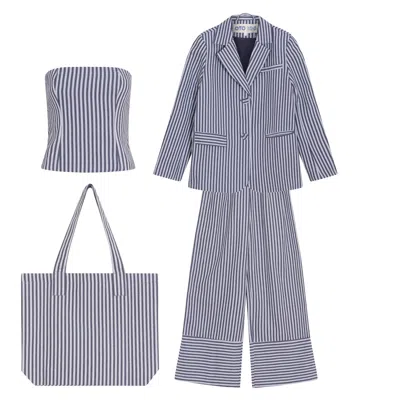 Oto Iro White / Blue Blue White Striped Blazer Trousers Corset And Tote Bag Four Piece Set In Blue/white