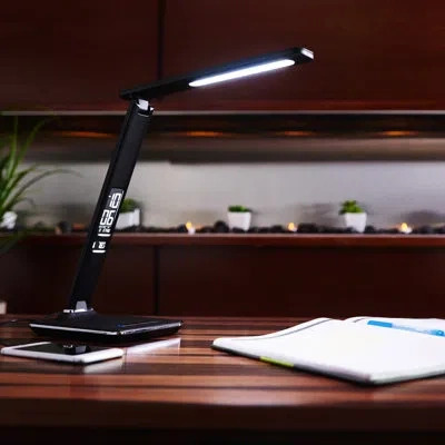 Ottlite Renew Led Desk Lamp Usb Charging Port, Displays Date, 6 Brightness Settings, Adjustable Neck In Black