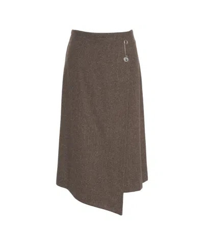 Ottod'ame Asymmetric Hem Houndstooth Midi Skirt In Brown