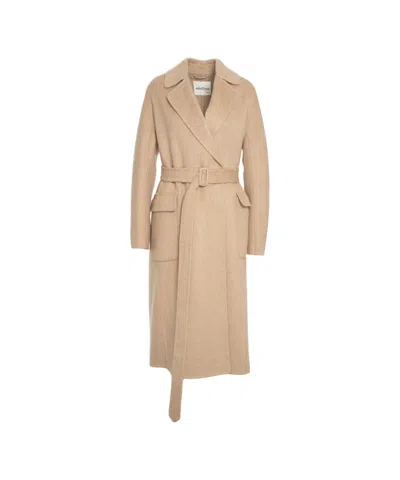 Ottod'ame Beige Long Coat With Classic Notched Collar And Waist Tie In Nude
