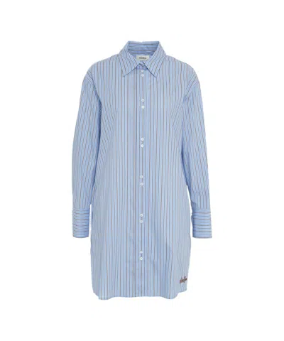 Ottod'ame Blue Striped Blouse With Chic Rounded Hem And Button Closure