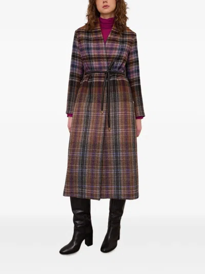 Ottod'ame Check-pattern Belted Coat In Brown