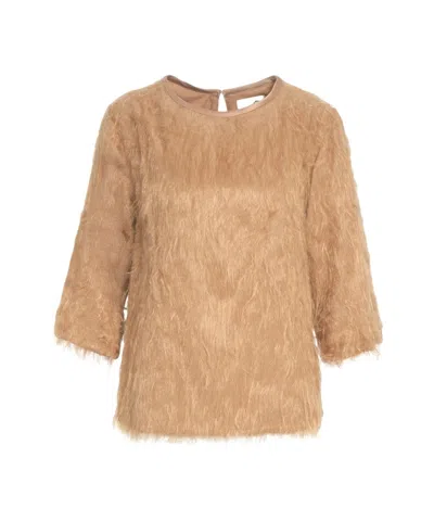 Ottod'ame Fringed Textured Top With Classic Round Neck And Three-quarter Sleeves In Brown