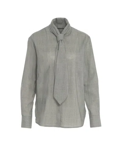 Ottod'ame Glencheck Shirt With Bow Detail In Gray