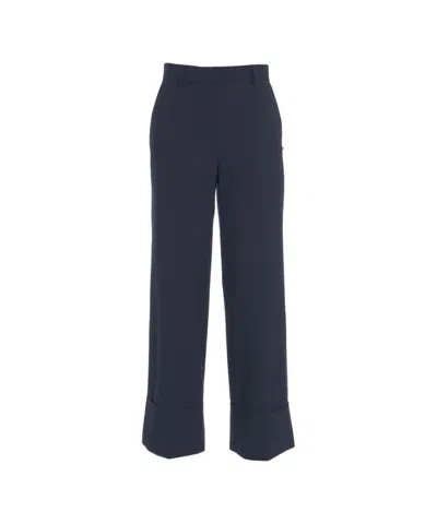 Ottod'ame High-waisted Wide-leg Trousers With Cuffed Hem In Blue