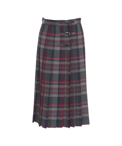 Ottod'ame Midi-length Pleated Skirt With Checkered Pattern And Buckle Details In Gray