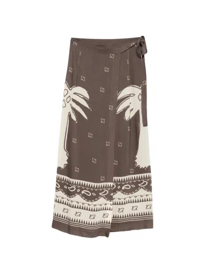 Ottod'ame Palm Tree-print Tie-fastening Midi Skirt In Brown