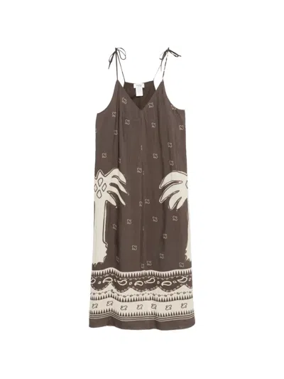 Ottod'ame Palm-tree Print Midi Dress In Brown
