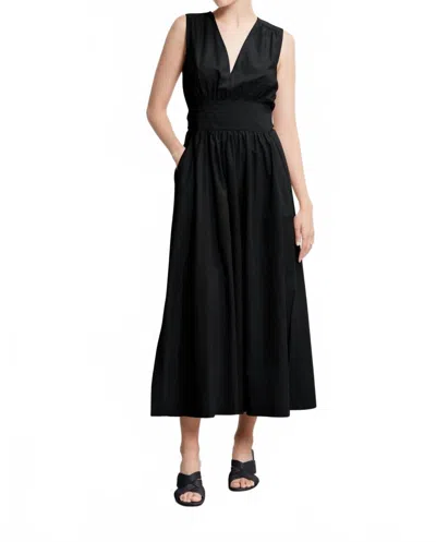 Ottod'ame Poplin V-neck Long Dress In Night In Black