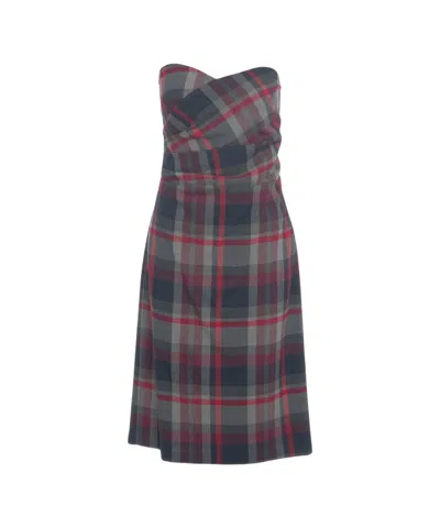 Ottod'ame Strapless Midi Dress With Draped Bodice And Classic Check Pattern In Gray