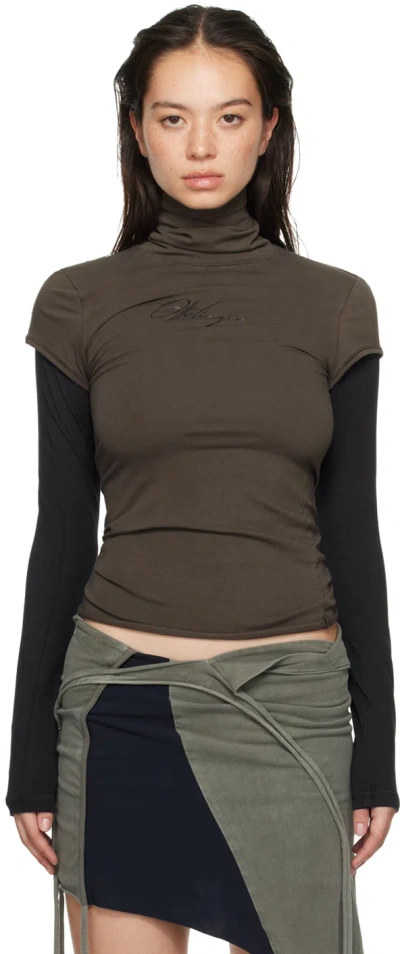 Ottolinger Brown Layered Logo Long Sleeve Turtleneck In Dark Brown Wash