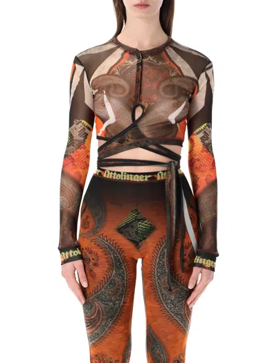 Ottolinger Fitted Semi-sheer Longsleeve Top With Adjustable Wrap Ties - Size S In Brown